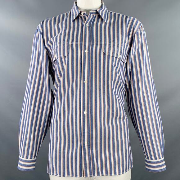 CLOSED Size XL Blue White Orange Stripe Cotton Two Pockets Long Sleeve Shirt - Picture 1 of 9